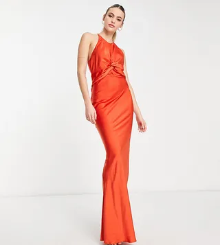 ASOS DESIGN Tall knot front satin maxi dress with tie back detail in orange