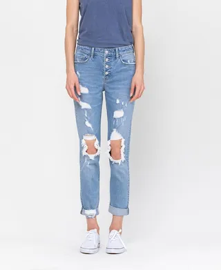 Women's Exposed Button Distressed Boyfriend Jeans