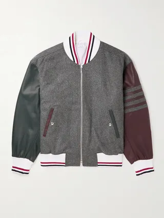 Leather-Trimmed Merino Wool Bomber Jacket
