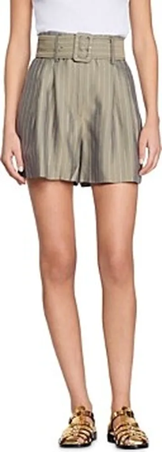 Sandro Arles Belted Pleated Pinstripe Shorts