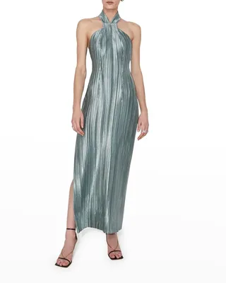Panarea Halter Thigh-Slit Plisse Gown