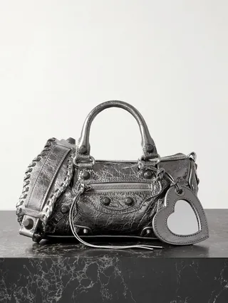 Balenciaga - Neo Cagole Xs Studded Metallic Crinkled-leather Tote - Silver