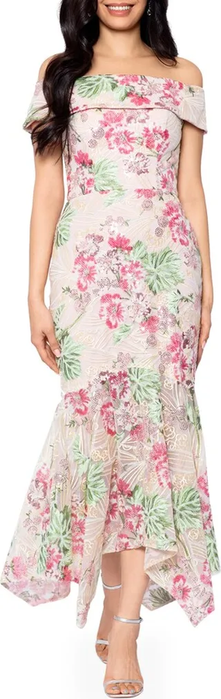 Sequin Embroidered Off the Shoulder Midi Cocktail Dress