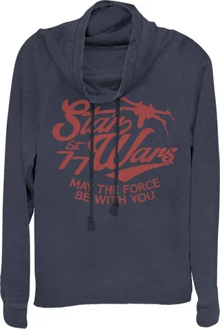 Junior's Star Wars May the Force Retro 77 Cowl Neck Sweatshirt - Navy Blue - X Small
