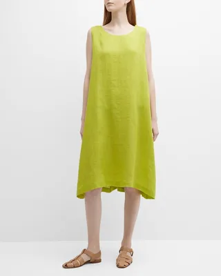 Pleated-Side Sleeveless Linen Dress