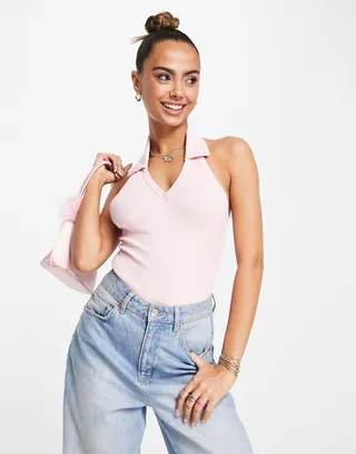 Miss Selfridge plunge collar bodysuit in pink