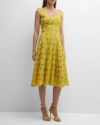 Paneled Sleeveless Lotus Crepe Guipure Midi Dress