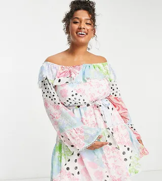 ASOS DESIGN Curve off the shoulder mini dress with lace inserts in patchwork print