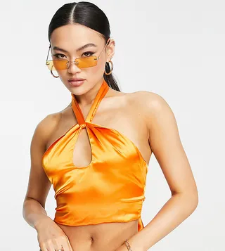 ASYOU peekaboo halter neck satin top in orange