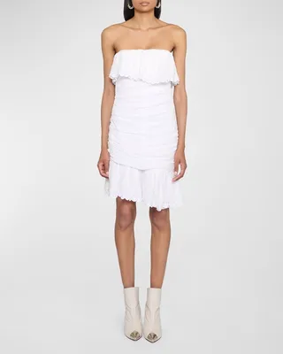 Oxani Strapless Eyelet-Ruffle Ruched Dress