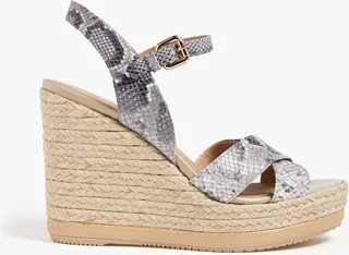 Snake-effect leather wedge espadrille sandals