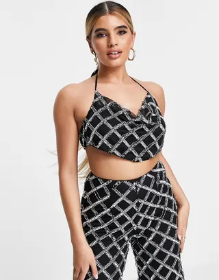 ASOS LUXE embellished halter top in black and silver - part of a set