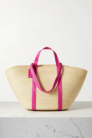 Off-White - Commercial Leather And Canvas-jacquard Trimmed Straw Tote - Neutrals