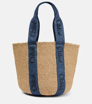Woody Large denim-trimmed tote bag