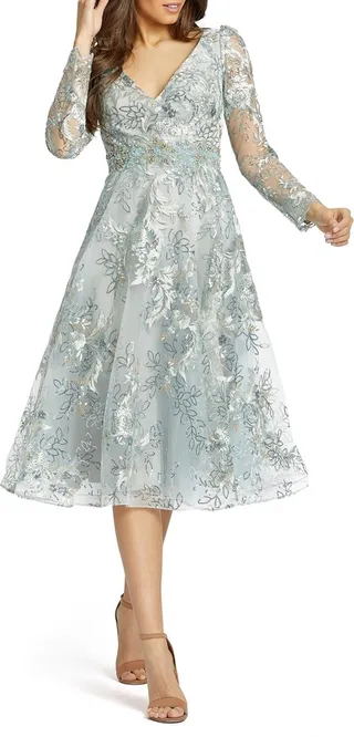 Sequin Floral Long Sleeve A-Line Cocktail Dress
