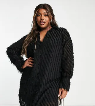 ASOS DESIGN Curve slouchy shirt mini dress in fluffy textured fabric in black