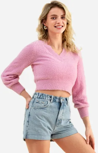 Women's V Neck Pull Over Crop Long Sleeve Sweater - Cupshe-M-Pink