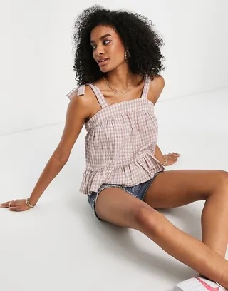 Y.A.S tie shoulder cami top in pink & white gingham - part of a set
