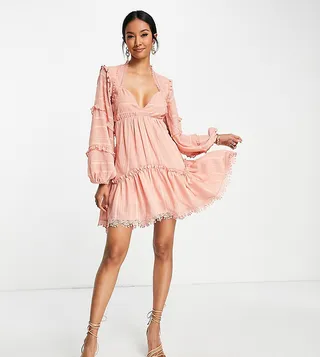 ASOS DESIGN lace insert tiered mini dress with trim detail in pink