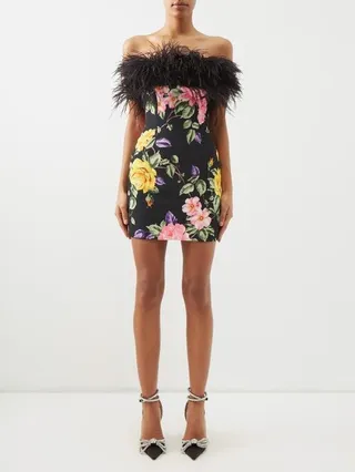 Feather-trim Rose-print Strapless Crepe Mini Dress