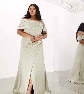ASOS EDITION Curve satin bardot drape wrap maxi dress in sage green