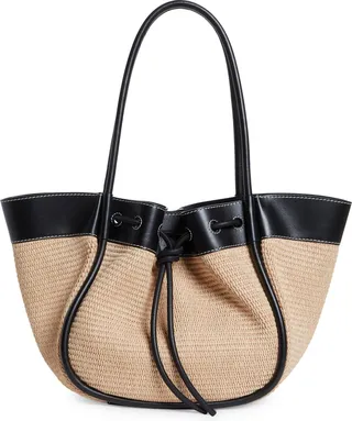Ruched Raffia & Leather Tote