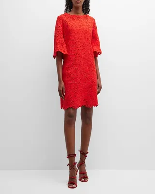 Elbow-Sleeve Guipure Lace Shift Dress