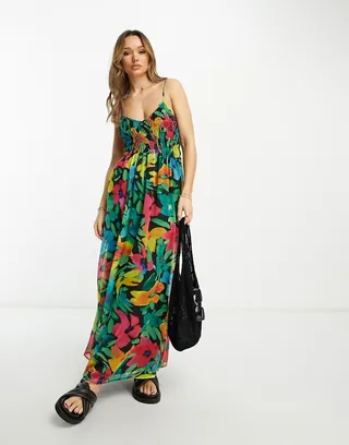 ASOS DESIGN soft shirred cami midi sundress in blurred floral print