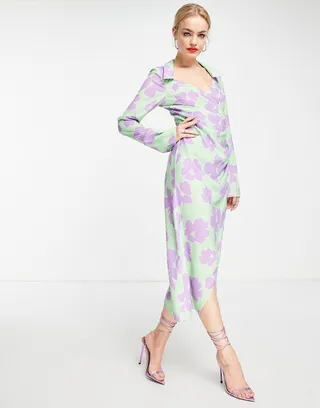 ASOS DESIGN 70s drape front wrap midi dress in green with lilac floral