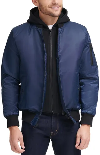 Guess Men's Bomber Jacket with Removable Hooded Inset