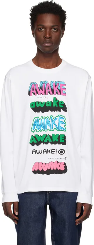Awake NY White Printed Long Sleeve T-Shirt