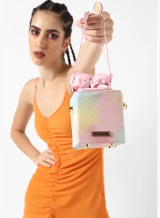Textured Casual PU Leather Mini Sling Bag with Drawstring Lock For Women