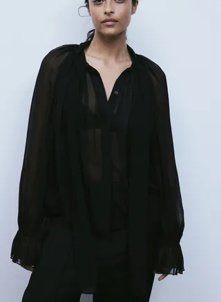 Balloon Sleeve Lace Tie Neck Top