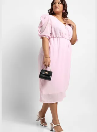 Solid V Neck Puff Sleeve Dress
