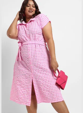 Checkered Spread Collar Short Sleeve Dress