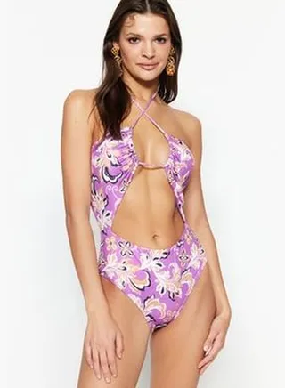 Ethnic Patterned Strapless High Leg Swimsuit TBESS23MA00019