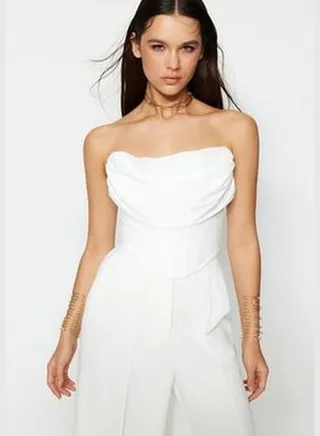 Ecru Bustier in Knitted Satin with Underwire Detail.