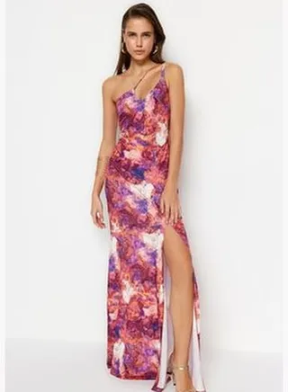 Multicolored Lined Knitted Printed Evening Dress TPRSS23AE00142