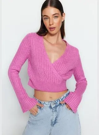 Pink Crop Soft Textured Double Breasted Knitwear Sweater TWOAW24KZ00381