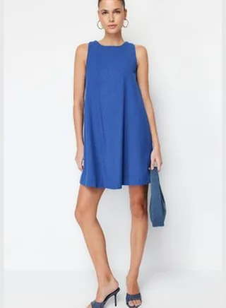 Navy Blue Wide Cut Mini Woven Sleeveless Dress