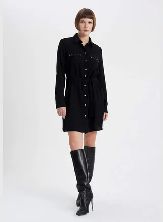 Woman Shirt Neck Long Sleeve Woven Dress