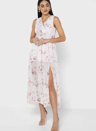 Criss Cross Neck Side Slit Printed Dress