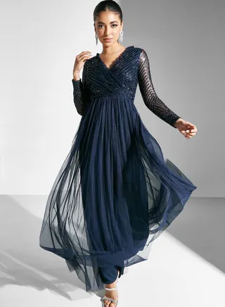Embellished Wrap Tiered Dress
