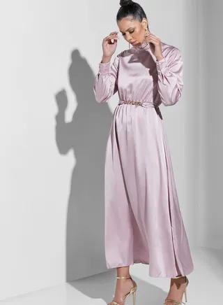 High Neck Chain Belted Dress