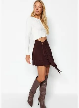 Brown Frill Detailed Ruffles Mini Knitted Skirt TWOAW24ET00214