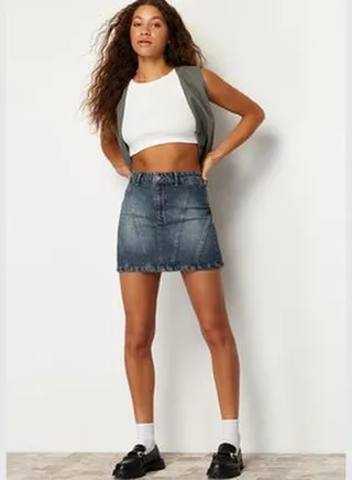 Dark Blue More Sustainable Stitch Detail High Waist Mini Denim Skirt