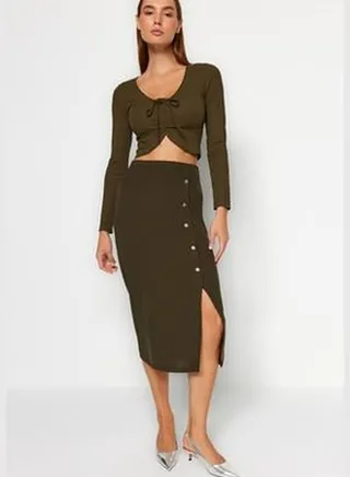 Khaki Maxi Button Detailed Crepe Knitted Pencil Skirt TWOSS23ET00320