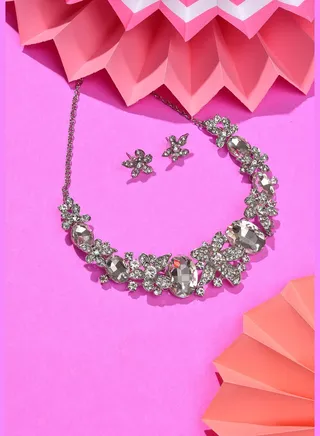 Silver Plated Designer Stone Necklace and Earring Set