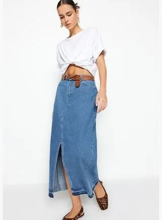 Dark Blue Slit Maxi Denim Skirt TWOSS23ET00289