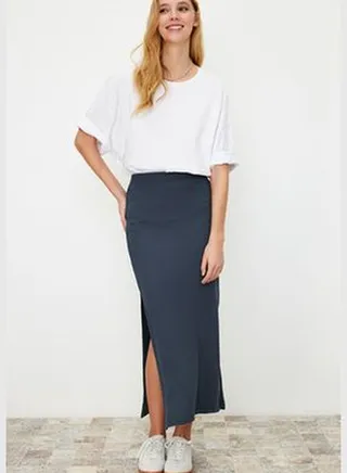 Light Anthracite Slit Detail Fitted High Waist Ribbed Flexible Maxi Knitted Skirt